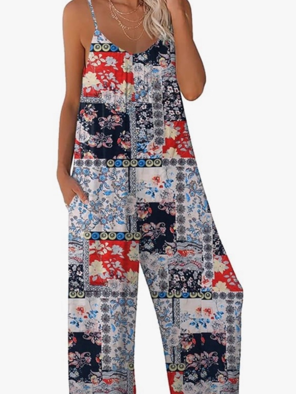 Patchwork Floral Wide-Leg Jumpsuit - Navy, Red & White